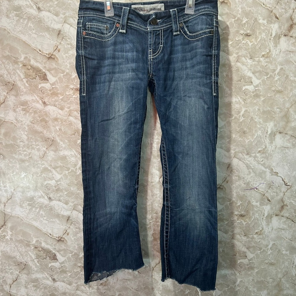 BKE Denim Sabrina Jeans Women's Size 27R Dark Wash Cropped Frayed Hem Low Rise